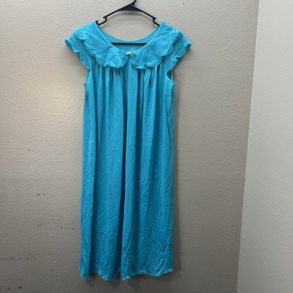 SHADOWLINE Nightgown Blue‎ MIDI Short Sleeve Lace Trim Sz S Vintage Peter Pan